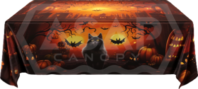 Custom logo tablecloths with Halloween-themed branding at a business party.