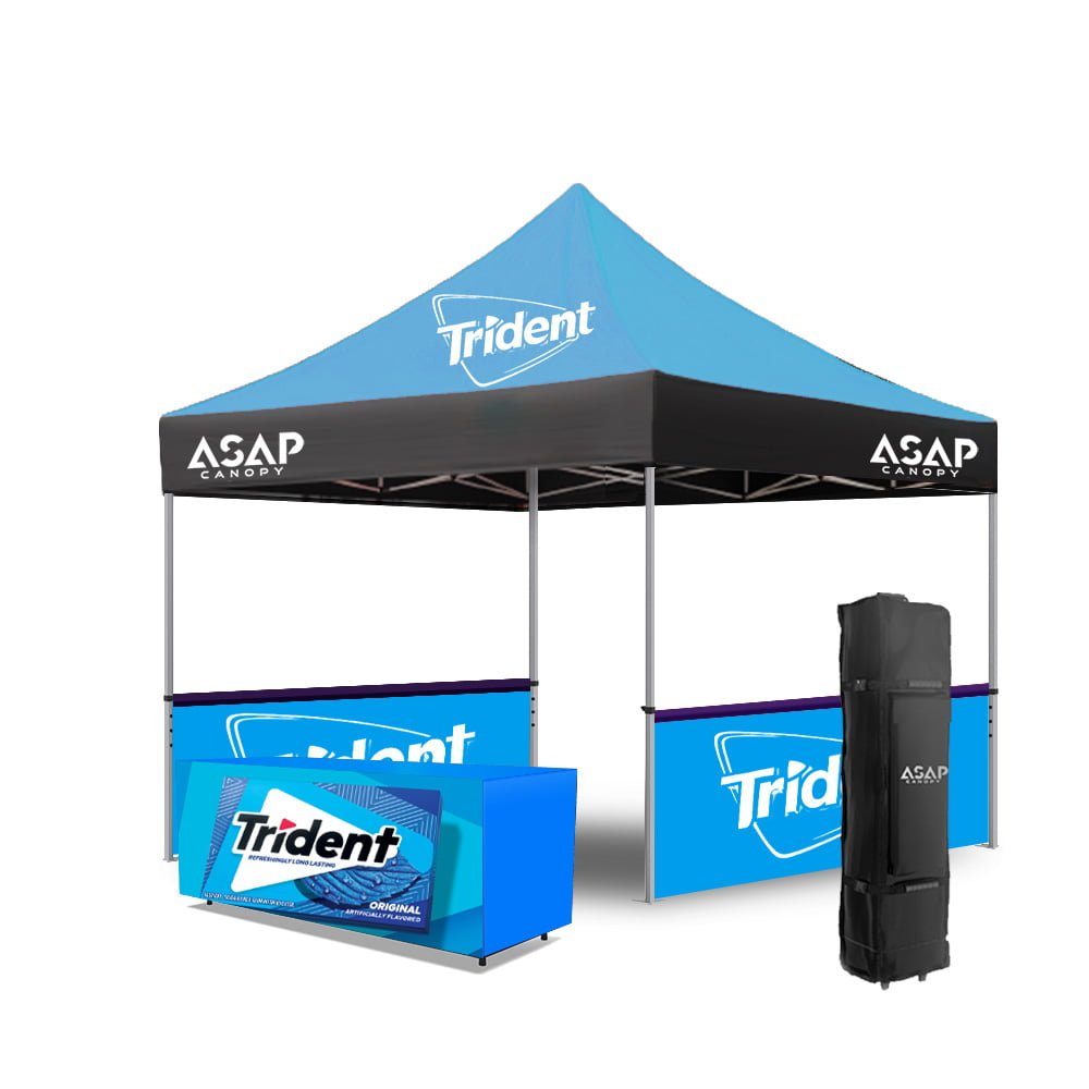 A 10x10 canopy with a prominent logo displayed on the fabric roof