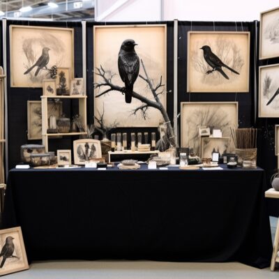 Tablecloth-set-up-with-a-lot-of-products Craft Fair Set Up with Naturalistic Bird Portraits, Black and Beige Theme, Delicate Markings, Inky Shadows, Insect-Made Art, Mallgoth Aesthetic