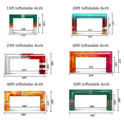 Technical specifications for inflatable arch. Dimensions, materials, and features detailed in the image.