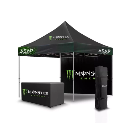 Heavy Duty 10X10 Canopy With 1Pc Back Wall With Dye Sublimated Fully Printed + 1Pc 6Ft Fully Printed Branded Table Cover