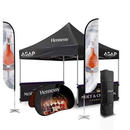 Heavy Duty 10X10 Canopy With 2Pcs 10′ X 3′ Canopy Skirts+Horizontal Pop Up Banner+2Pcs 13 Ft Flag