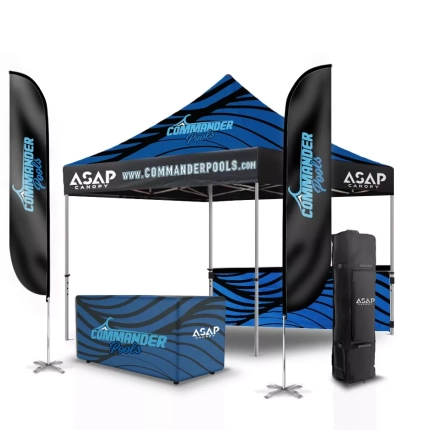 Heavy Duty 10X10 Canopy With 2Pcs 13Ft Flag + 1Pc 10′ X 3′ Canopy Skirt + 1Pc 6Ft Fully Printed Branded Table Cover