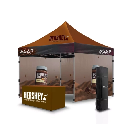 Heavy Duty 10X10 Canopy With 3Pcs Back Wall + 6Ft Fully Printed Branded Table Cover